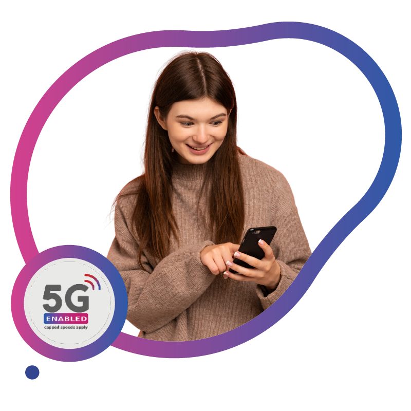 Smiling young woman using smartphone with 5G enabled badge.