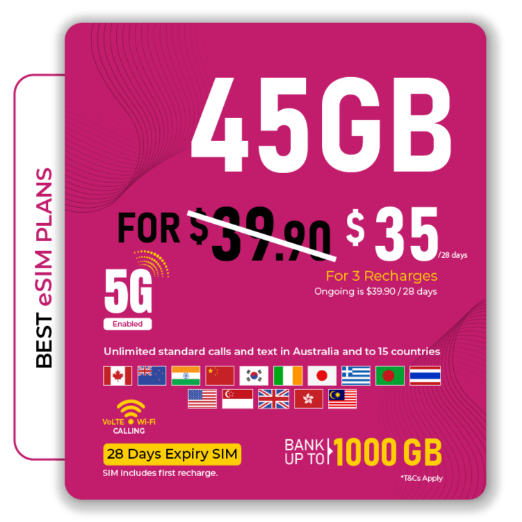 Skytel's best 45GB Prepaid eSIM 5G Australia Plan
